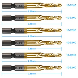 6-pc 10-32NC Combination Drill Tap Bit Set SAE, 10-32NC Thread Size, Titanium Coated High-Speed Steel, Ideal for Drilling Threading and Countersinking in Soft Metal Wood and Plastic, 1/4” Hex Shank