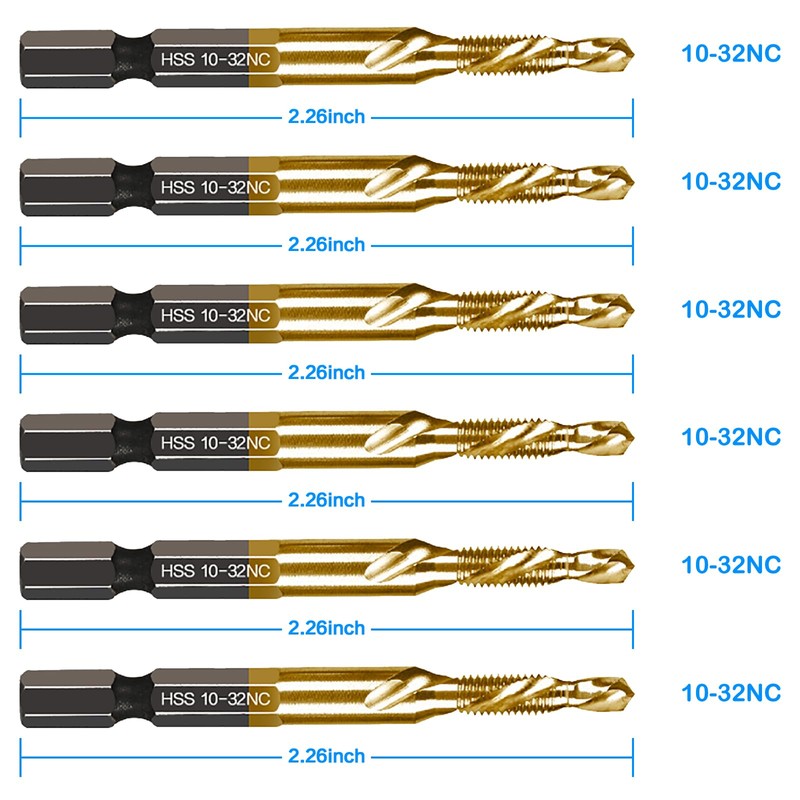 6-pc 10-32NC Combination Drill Tap Bit Set SAE, 10-32NC Thread