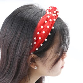 Grehge Pearl Headbands, Cute Knotted Velvet Hair Head Bands, Fashion Trendy Accessories for Girls Women (Red)