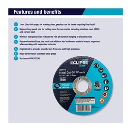 Eclipse Professional Tools A60V115 Ultra-Thin Cutting Discs 115 x 1.0 x 22.23mm - Precision Cuts, Minimal Heat, Reduced Material Loss, Ideal for Metal, Ceramic, Glass, and Composites - 10 x Blades