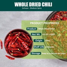 Dried Red Pepper, Whole Dried Chili Peppers, 4.23OZ Szechuan Red Dried Chilis, Resealable Bag, Dried Peppers for Curry, Tofu, Soups, Sichuan Hotpot