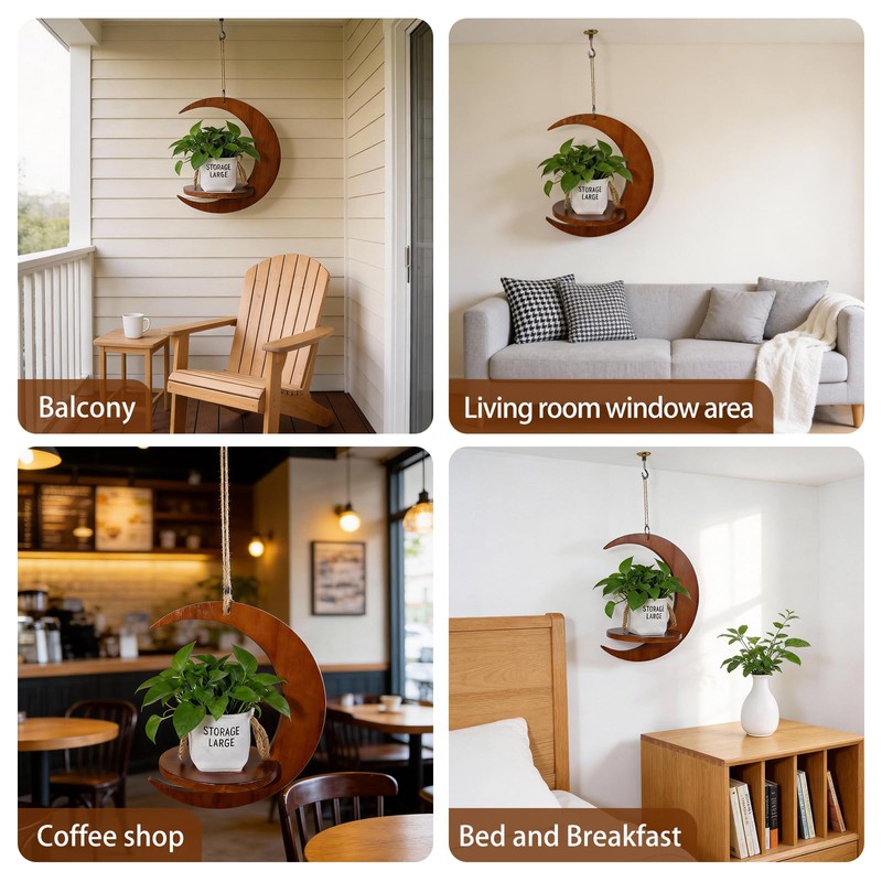 Moon - Shaped Wooden Hanging Plant Stand, Nordic Modern Window
