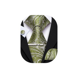 YOHOWA Olive Green Tie with Tie Clip for Men Paisley Silk Necktie Pocket Square Cufflinks Set Formal Wedding Party Business