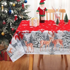 CAROMIO Christmas Table Cloth Waterproof Wipeable Tablecloth Wrinkle-Resistant Table Cover, Rectangular Xmars Table Cover with Deer Pattern Table Decoration for Party Kitchen Dining, 54x90 Inch, Red