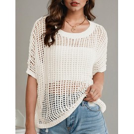 UEU Summer Tops for Women 2025 Crochet Short Sleeve Mesh Knit Sweater T Shirts Beach Swimsuit Cover Ups Fishnet Crewneck Cute Bathing Suit Trendy Clothes White M