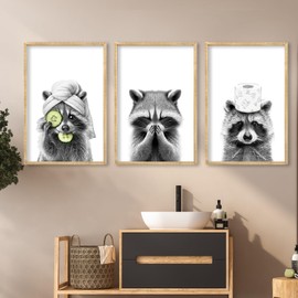 Funny Bathroom Adorable Raccoon Wall Art Decor 16x11 Inch Set Of 3 Laundry Animal Prints Wooden Framed Signs Rustic Washroom Interesting Modren Artwork Wall Hanging Deoration (Wood)