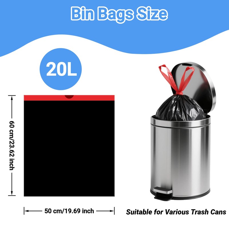 20L Bin Liners Drawstring Small Bin Bags 30 Black Waste