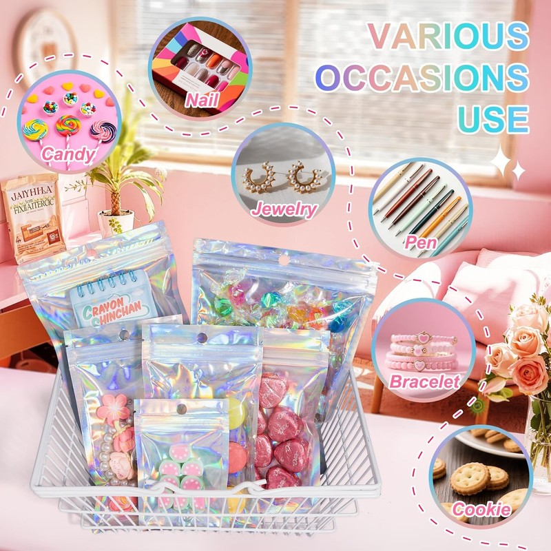 ANZNKU 100 Pack Mylar Bags Reasealable Holographic Bags, Smell Proof