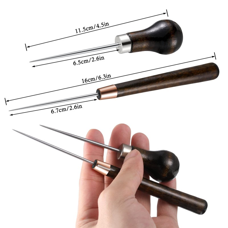 2 Pieces Solid Wood Handle Drillable Awl Craft Cloth Professional