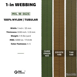 GM CLIMBING 1 inch MIL-W-5625 Nylon Tubular Webbing Milspecs 4000Lbs Durable for Outdoor Tactical Parachute Climbing Rescue Survival Tie Down 1 inch x 100Ft Tan 499