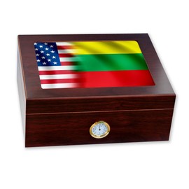 ExpressItBest Premium Desktop Humidor - Glass Top - Flag of Lithuania (Lithuanian) - Waves with USA Flag - Cedar lined with humidifier & front mounted hygrometer.