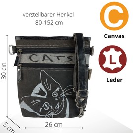 Sunsa Women's Bag with Cat Motif. Vintage Canvas & Leather Shoulder Bag for Cat Lovers. Crossover Bag as Gift Ideas for Women, Black Garu, Retro vintage