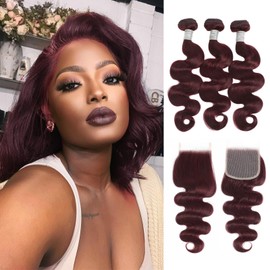 MOMOSHERO Dark Burgundy Bundles Human Hair with 4x4 Closure Body Wave 16 18 20+16 Inch, 12A 99j Red Wine Colored Sew In Bundle with Free Part Closure Pre Plucked 100% Remy Hair