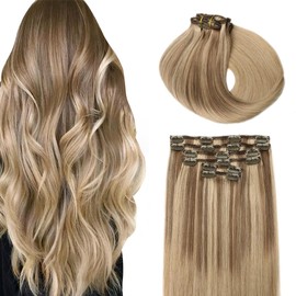 SURNEL Clip in Hair Extensions Balayage Golden Brown to Caramel Blonde Clip in Hair Extensions Real Human Hair 22 Inch 6pcs 120g(#10/27/27,22'')