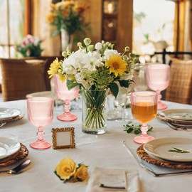 24 Pcs Pink Vintage Wine Glasses, 11 Ounces Colored Glass Water Goblets, Unique Embossed Pattern High Clear Stemmed Glassware Wedding Party Bar Glass Drinking Cups Fancy Glasses Set Hand Wash Only