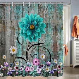 Rustic Teal Floral Shower Curtain, Turquoise Blue Flower Daisy Shower Curtain for Bathroom, Vinatge Rustic Wood Bath Curtain, Farmhouse Shower Curtain Bath Accessories Set, Hooks Include, 72X78Inches