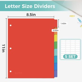 SUNEE 8 Tab Binder Dividers,Plastic Dividers for 3 Ring Binder,3 Ring Binder Dividers with Tabs for School Office Home Supplies,Bright Color, 5 Set