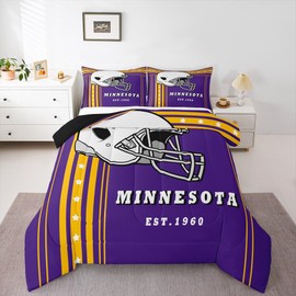 Erosebridal Football Gifts Bedding Comforter Sets for Sports Lovers Fans Presents, American Football City Bedding for Kids Boys Teens Purple Yellow Striped Lines Stars Comforter Full(Minnesota)