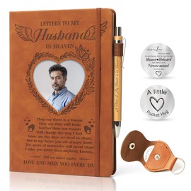 Letters to My Husband in Heaven:3 Pcs Memorial Gifts for Loss of Husband A5 Grief Journal 200 Pages Travel Diary with Heart Photo Window in Cover Remembrance Pocket Hug PU Leather Keychain & Pen