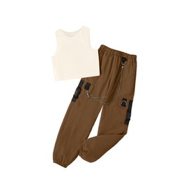 Ecolala Girls' 2 Piece Outfits Sleeveless Crop Tank Tops and Cargo Pants Clothing Set Brown 9-10Y