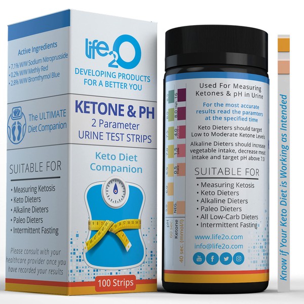 life2O 2-in-1 Ketone Test Strips with pH 100ct, Keto Sticks that Monitor Ketosis and Body pH Balance for the Ketogenic & Alkaline Diet, Ketones Urine Testing Kit for Urinalysis, 2 Free eBooks Included