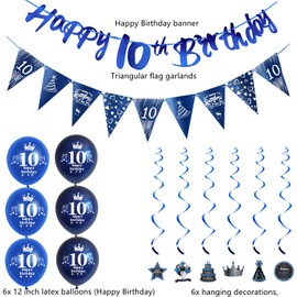 Blue Garland 10th Birthday Banner + Triangle Flags + Birthday Hanging Decoration + 6 Pieces 10th Birthday Balloons 10th Birthday Decoration for Boy, Decoration 10th Birthday Boy Birthday Decoration 10