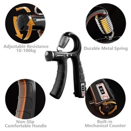 Grip Strength Trainer with 10-100kg (22-220lbs), Hand Gripper Strengthener with Counter, Adjustable Resistance Forearm Trainer, Exercise & Fitness Equipment 2 Pcs (Grey)