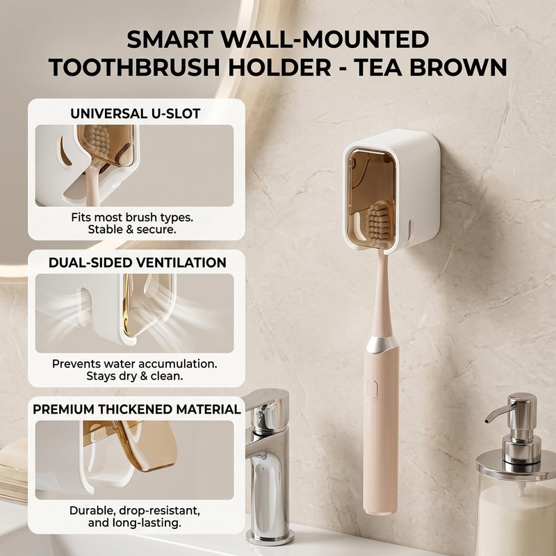 No-Drill Wall-Mounted Toothbrush Holder with Dust Cover, Detachable Self-Adhesive Electric