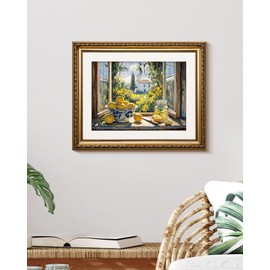 Vintage Lemon Kitchen 13x16 Golden Framed Canvas Wall Art, Rustic Country Farmhouse Window Scene Garden View Print, Bowl and Jar Dining Room Still Life Painting Home Kitchen Decor