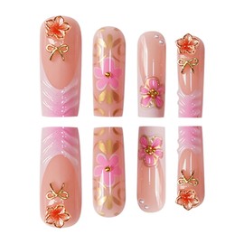 XL Press on Nails RIICFDD Long Square Nails French Tip Fake Nails with Butterfly Charms Designs 3D Flower Art Acrylic False Nails Full Cover Stick on Nails for Women 24Pcs