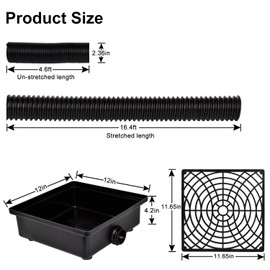 Prestantious Low Profile Catch Basin Drain Kit Downspout Extender, 12"×12" Catch Basin Gutter Downspout Extensions with 2" ID Flexible Pipe, Pipe Stretched Length 16.4ft, Rainwater Drainage System