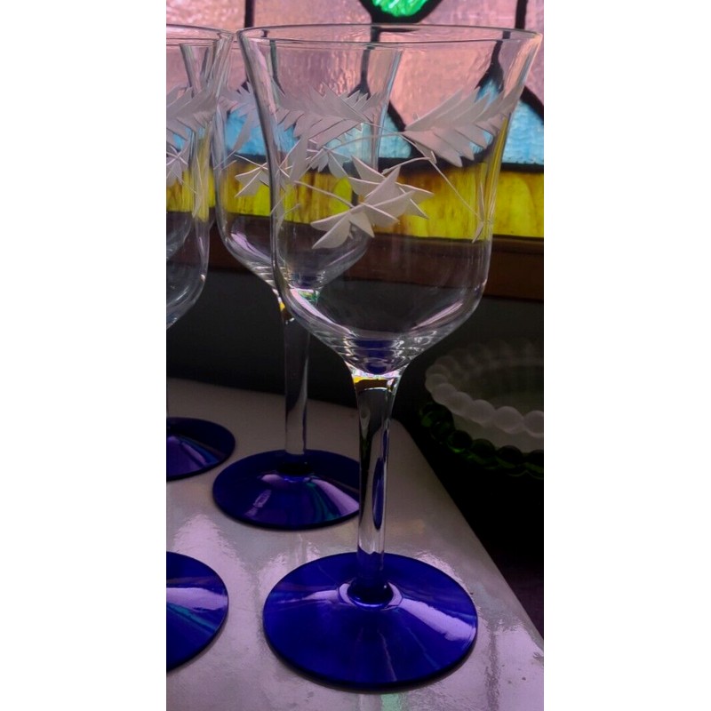 Weston GOBLET COBALT BLUE Foot CLEAR Glass Flower Cut 7-3/8”