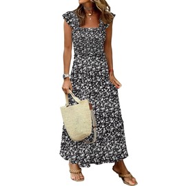 ANRABESS Womens Summer Sleeveless Maxi Dress Square Neck Smocked Boho Casual Ruffle Strap Flowy A-Line Long Beach Sundress Black Floral Medium