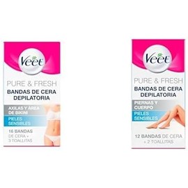 Veet Pure & Fresh, Bandas de Cera Depilatoria, Axilas y Bikini, Piel Sensible, 16 piezas + Veet Pure & Fresh, Bandas de Cera Depilatoria, Piernas y Cuerpo, Piel Sensible, 12 piezas