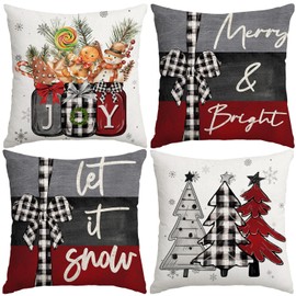 Miaikoe 40x40 cm Christmas Cushion Covers Merry Christmas Joy Xmas Trees Red and Black Decorative Winter Holiday Cushion Case Decoration for Coach Sofa Set of 4
