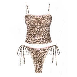 seamoly Vintage Leopard Lace Trim Bowknot Decor Tie Side Tankini Set, Coffee, M