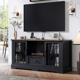 Entertainment Center Black TV Stand with Charging Station Modern 55'' Television Stand Console with Adjustable Storage Shelves, Rustic Media Storage Cabinet for Living Room and Bedroom