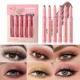 Hinourisha 6 color pop Cream Eyeshadow stick Set, Matte Glod Champagne Brown Eyeshadow Penci Eyeliner Pen, Waterproof Eye Shadow Applicator Sticks for Women Gril Make Up Gift-A