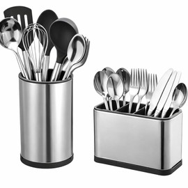NIMBLOOM 2 PCS Kitchen Utensil Holder Set, Stainless Steel Countertop Caddy, 360° Rotating Round 3 Compartment Organizer, Rectangular 4 Compartment Flatware Holder, Removable Drain Base, Silver