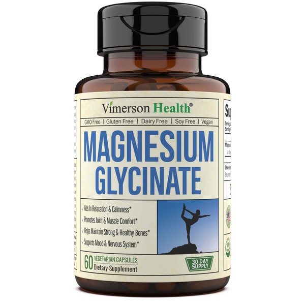 Vimerson Health - Magnesium Glycinate - Dietary Supplement - for Joint, Bone & Nervous System Health - Relaxation & Mood Support - 200mg Magnesium - Gluten & GMO Free - 60 Vegan Capsules