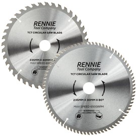(Pack Of 2) Rennie Tools - 235mm x 30mm x 40T & 80T TCT Circular Wood Saw Blades Includes 25mm 20mm & 16mm Bore Reduction Rings. Compatible with Bosch Makita Dewalt Circular Saw Etc. 235mm Saw Blade