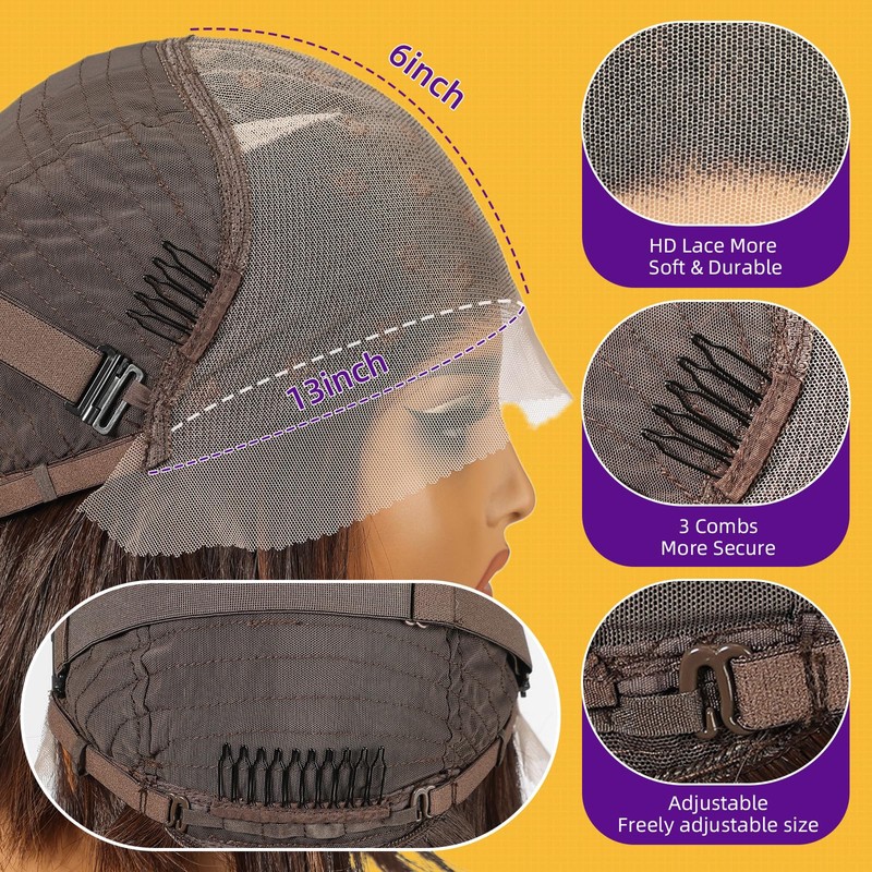 KOME Brown Highlight Synthetic Lace Front Wig,13×6 Short Straight Glueless