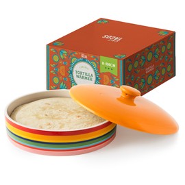 Chef Tacos Ceramic Tortilla Warmer with Lid, Colorful Tortilla Holder, Rainbow Tortilla Storage Container, Ceramic Tortilla Holder with Lid, Container for Roti, Pancakes (8-Inch, 20 cm)