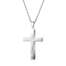 JewelryWe Men's Jesus Christ Cross Bible English Pendant Stainless Steel Necklace with Chain,22.65" (Silver)