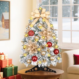 MARTINE MALL 2FT Pre-Decorated Small Christmas Tree with Lights, Artificial Tabletop Mini Christmas Tree Snowy Flocked Xmas Trees with Gold Poinsettia Bow Ball Ornaments for Table Desk Small Space