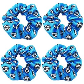 4 Pack Silky Smoothly Soccer Hair Scrunchies Sparkly Football Hair Ties Hair Eleastic Bands Scrunchy Hair Ties Ropes Ponytail Holders Wrist Bands for Girls Soccer Teams School,Dance,Games ,Tournaments and Party favor (Blue)