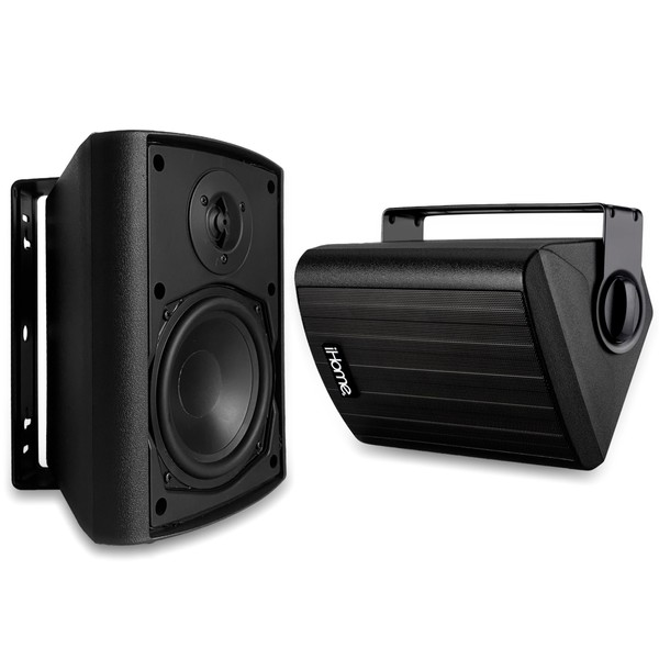 iHome IHSI-W650BT-PR-BLK Bluetooth Indoor/Outdoor All Weather Weatherproof 6.5 Inch Small 300W Watt Wall/Ceiling Mounted Surround Sound Powered Patio Speakers System Pair in Home Party Enclosure