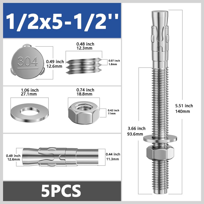 Wensilon 5Pcs 1/2x5-1/2 Inch Standard Fasteners for Heavy-Duty 304 Stainless