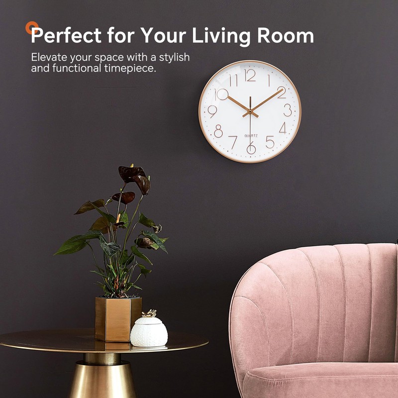 VIKMARI Rose Gold & White Silent Wall Clock Decorative for