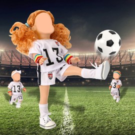 UPINS 18 Inch Girl Doll Clothes Accessories Team USA 8 Piece Soccer Uniform Clothing Includes Headband, Hair Bands, Bracers, Shirt, Shorts, Socks, Shoes and Football Fits for Children's Day